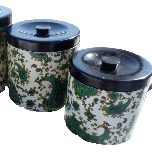 Vintage Kitchen Canister Set Takahashi Nesting Container Green Paisley Tray MCM - Picture 13 of 13
